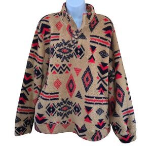 Vintage Aztec Fleece Sherpa Pullover Jacket Tan  Red Geometric Pattern Cozy Warm